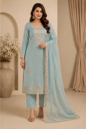 Mint Grey Roman Silk salwar suit